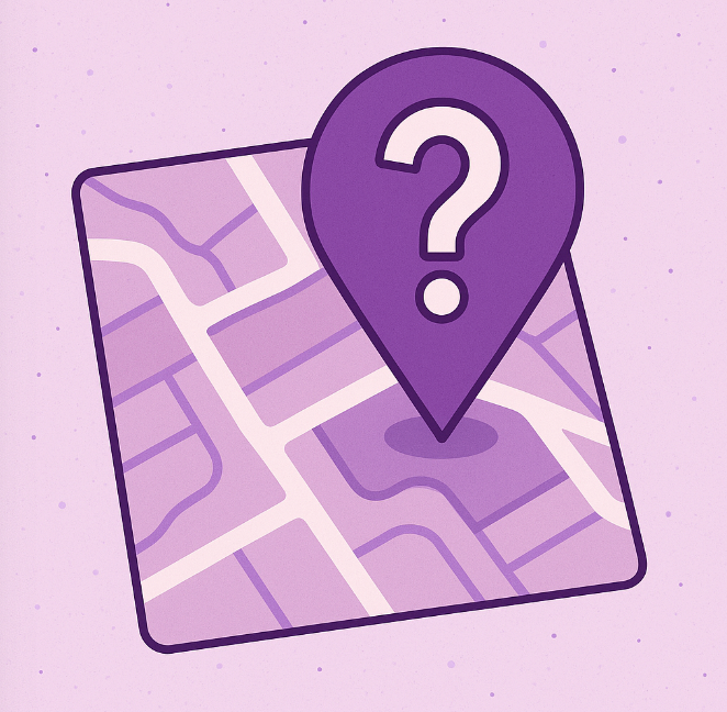 Illustration of a map with a location pin and question mark in purple and pink, representing local SEO FAQs.